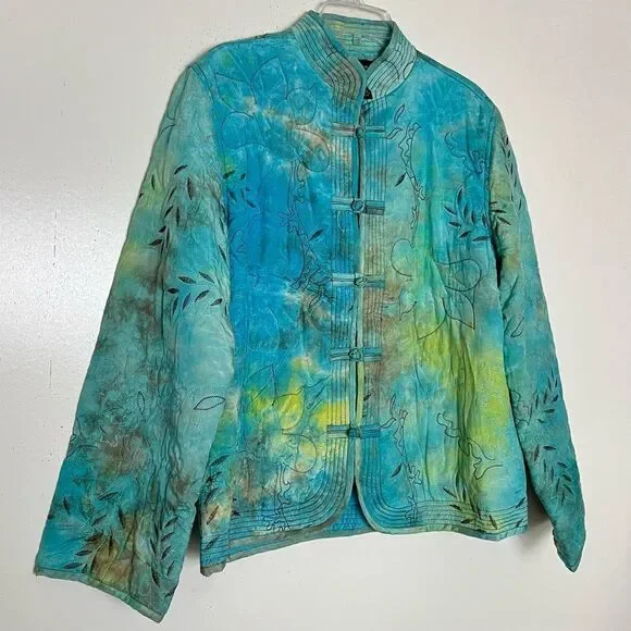 Mirasol Turquoise Quilted Jacket Oriental Style Lagenlook Artsy Rayon Size Large - Picture 5 of 11